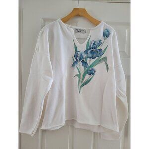 BKg and Co New York Blue Iris Floral Sweater size Cottagecore Botanical Art Knit